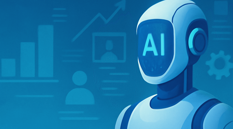 AI Revolutionizing the Future of Work in 2025: A digital illustration showing an AI humanoid robot in a workplace setting, with glowing circuits on its faceplate and business icons representing future work trends.