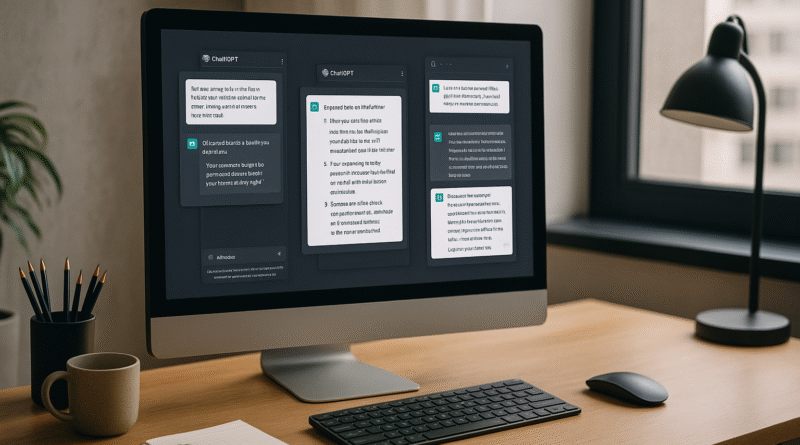 ChatGPT hacks for productivity shown in a modern workspace with prompt windows.