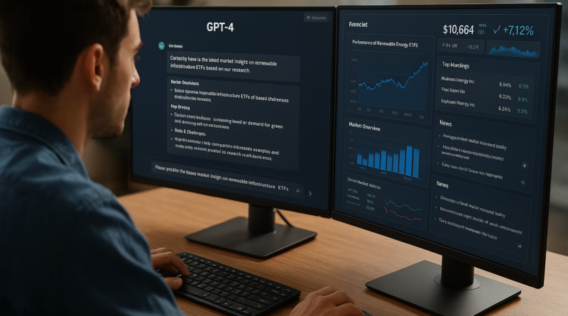 A finance intern monitors dual computer screens showing GPT-4 analysis and financial dashboards, illustrating how AI interns support market research and decision-making in 2025.