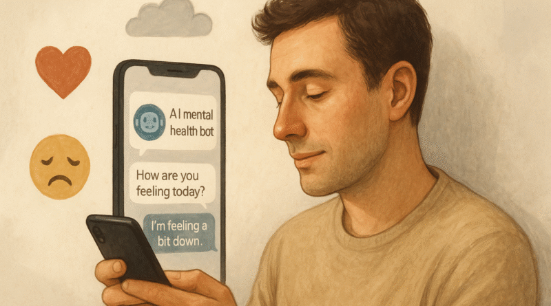 A realistic illustration of a man using AI tools for mental health support, chatting with a mental health bot on his phone surrounded by emotional icons like a heart and sad face.