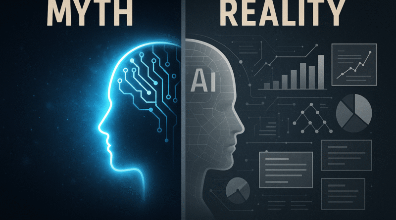 Illustration contrasting AI myths and facts