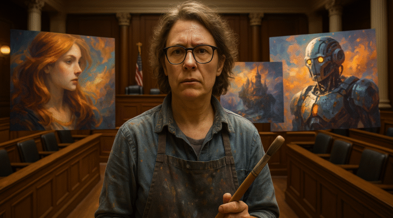 ChatGPT said: Alt Text: A digital artist stands in a courtroom holding a paintbrush, surrounded by floating AI-generated artwork—highlighting legal battles against AI art generators.