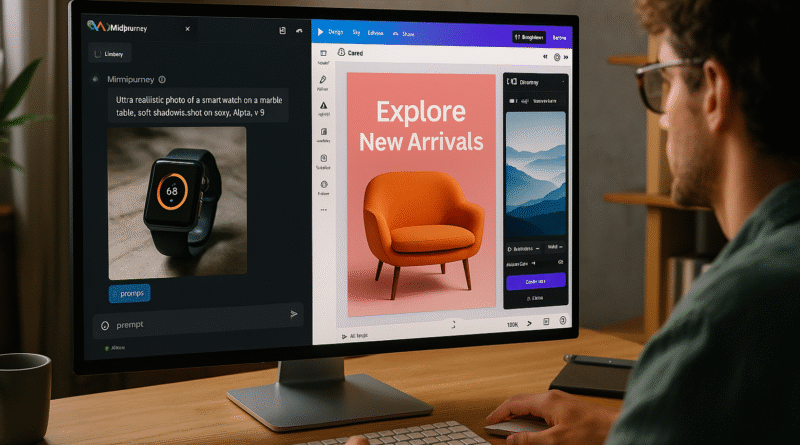 A digital creator uses AI hacks on a modern desktop setup, featuring Midjourney, Canva, and Runway interfaces to generate high-impact visual content.