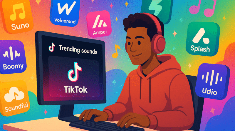 A content creator using a TikTok-style interface surrounded by floating icons of 7 AI music tools like Suno, Boomy, Voicemod, Soundful, Splash, Amper, and Udio. Set in a vibrant digital workspace.