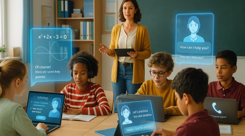 Classroom with students receiving real-time help from AI tutors alongside teacher support