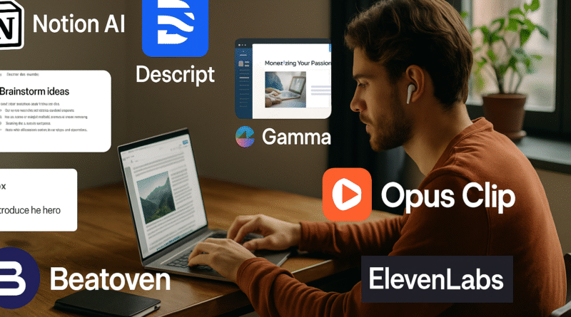 A content creator works at a laptop surrounded by logos and interfaces of AI tools for creators like Notion AI, Descript, Opus Clip, Gamma, and Beatoven.