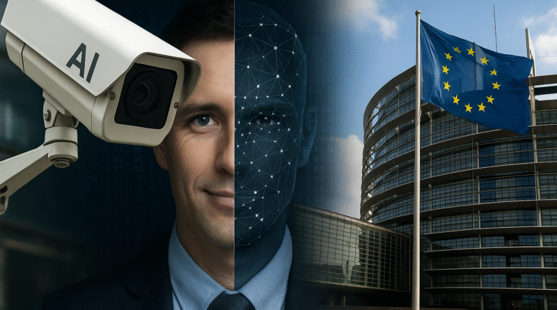 Composite image showing AI surveillance camera, deepfake facial analysis, and the European Parliament, representing growing concerns over AI developments in Europe.
