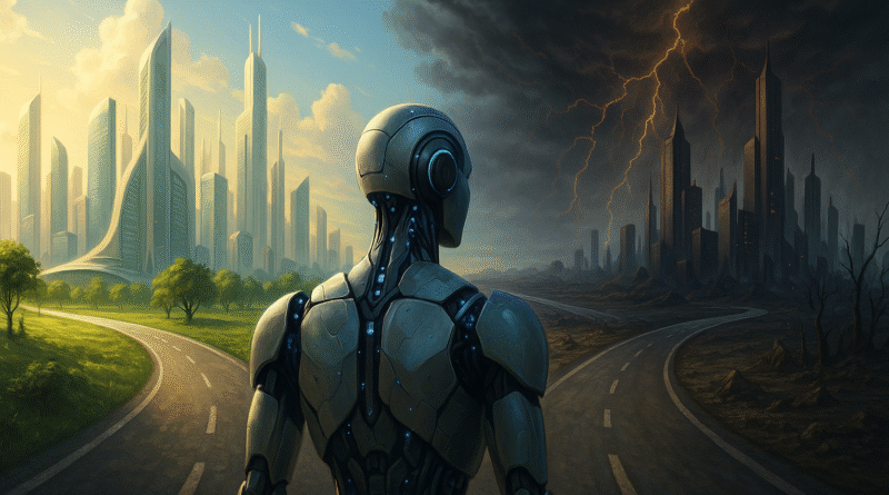 A humanoid AI robot stands at a fork in the road, facing a bright, green path leading to a sunlit city and a dark, dystopian path under storm clouds symbolizing choices in the future of AI 2030.