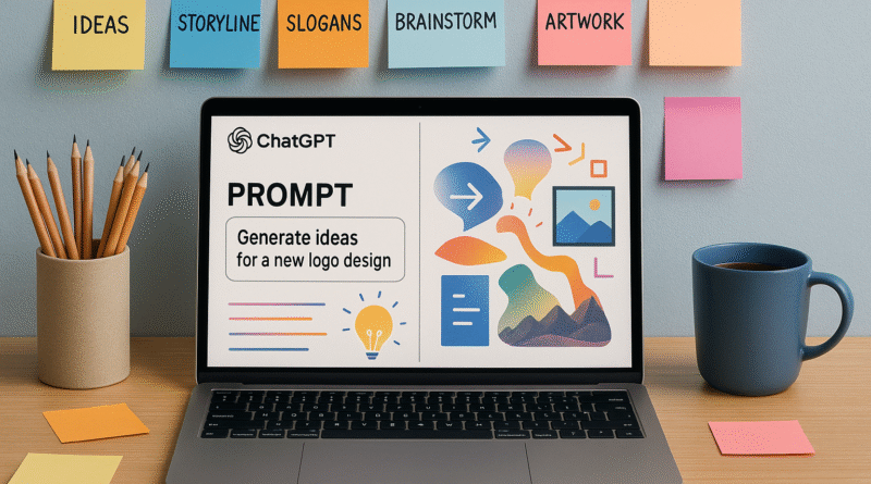Creative workspace featuring a laptop with ChatGPT and DALL·E displaying prompt guides for AI creativity, surrounded by colorful sticky notes and visual idea flows.