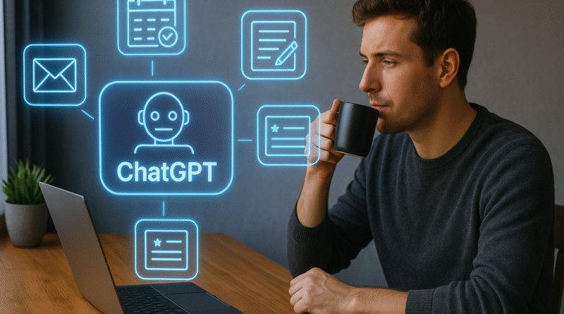 A man sipping coffee at his desk while a holographic interface displays ChatGPT productivity tasks like emails, calendar, research, and flashcards.