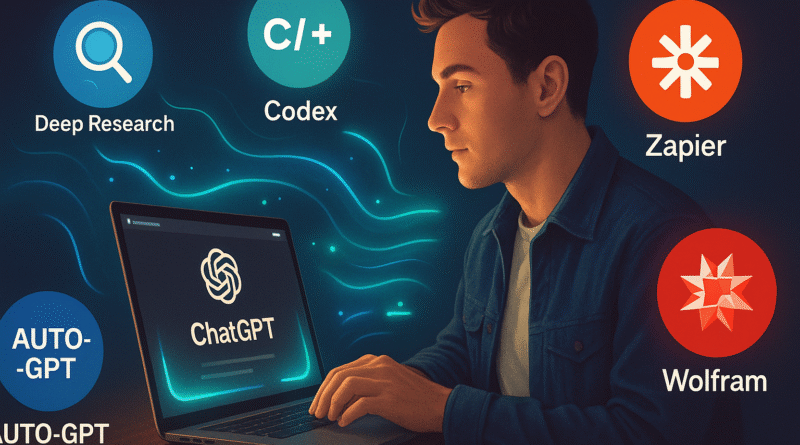 Realistic illustration of a user interacting with ChatGPT, surrounded by glowing plugin icons like Deep Research, Codex, Zapier, Wolfram, and Auto‑GPT enhancing AI plugins that supercharge ChatGPT workflows.