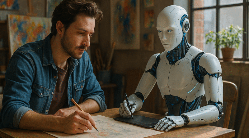 A human and an AI robot working side by side in a creative studio, illustrating the synergy of ai and creativity in modern artistic collaboration.