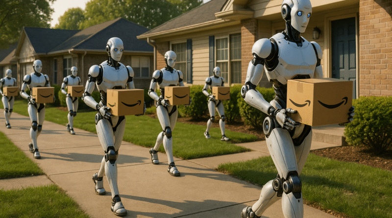Amazon humanoid robots delivering package in suburban neighborhood