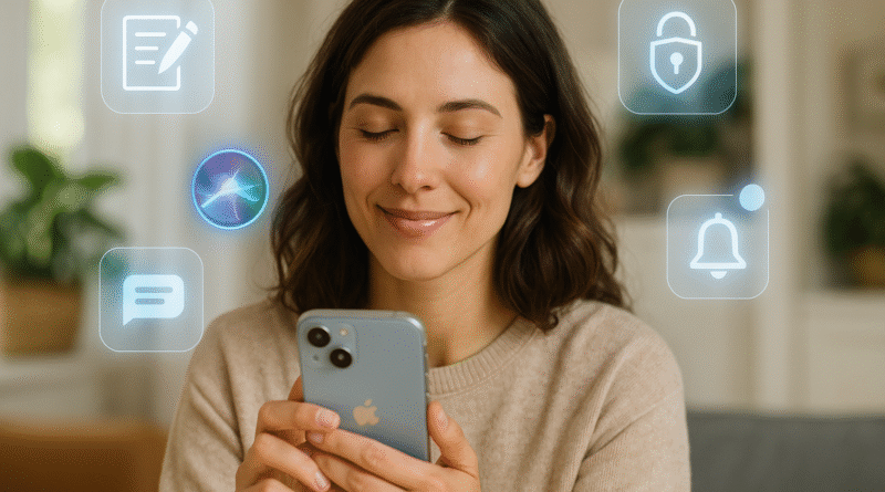 iPhone user surrounded by Apple Intelligence features (Genmoji, Siri, writing tools)
