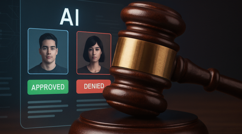 A judge’s gavel overlaps an AI interface showing “Approved” and “Denied” results for different users, symbolizing the impact of a biased AI decision.