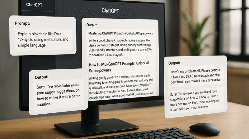 ChatGPT prompts and result windows in a digital productivity workspace.