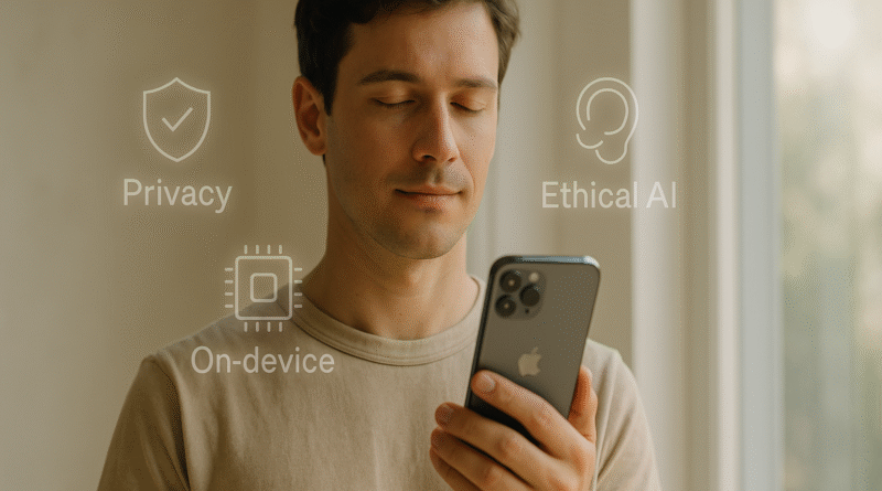 A calm user holding an iPhone, surrounded by holographic icons labeled “Privacy,” “On-device,” and “Ethical AI,” symbolizing privacy focused ethical AI.