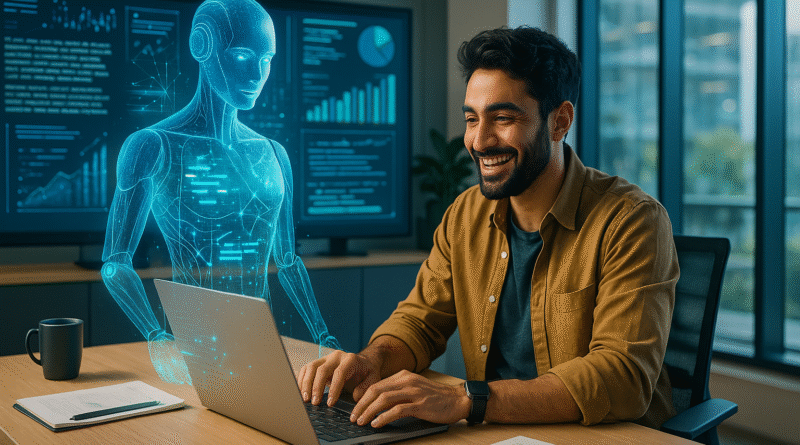 A man collaborating with a holographic AI assistant in a modern office, representing the practical use of ChatGPT for business productivity and innovation.