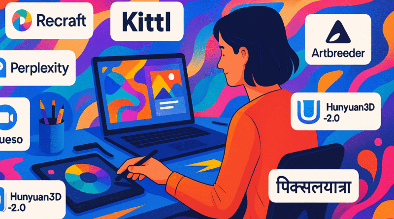 Digital collage showing a designer working at a colorful desk surrounded by logos of hidden AI tools visual designers use, including Recraft, Kittl, Subframe, and Artbreeder.