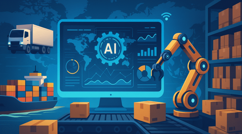 Illustration showing how AI is revolutionizing supply chain management, featuring a digital dashboard with global analytics, a robotic arm handling packages, a cargo ship with containers, and a delivery truck, all working in sync.