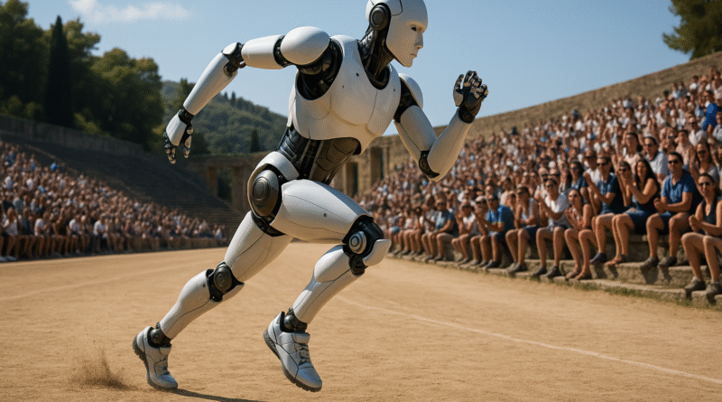 A humanoid robot sprinting on a track in an ancient Olympic stadium during the humanoid olympiad, with a crowd of spectators watching in awe.