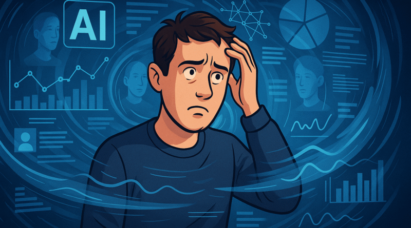 Confused man surrounded by complex data visuals and AI charts, illustrating the impact of misunderstanding AI on perception and decision-making.