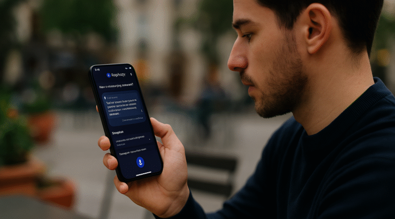 Young man using smartphone outdoors, exploring Perplexity tools on the app interface, with visible summaries and AI-generated content on screen.