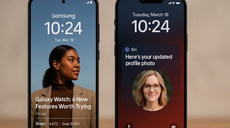 Comparison of Samsung Glance vs Apple Intelligence lock screen features on two smartphones, highlighting user interface differences and AI personalization.