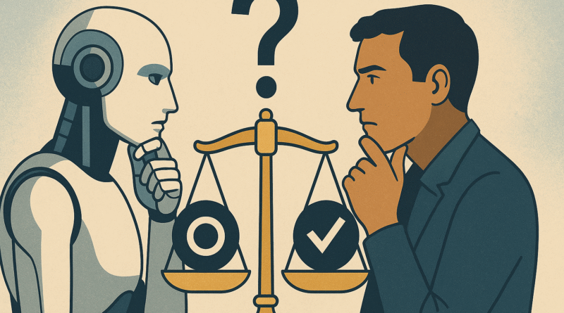 Illustration of a robot and a human debating the ethics of AI, standing on opposite sides of a balanced scale symbolizing fairness and responsibility.