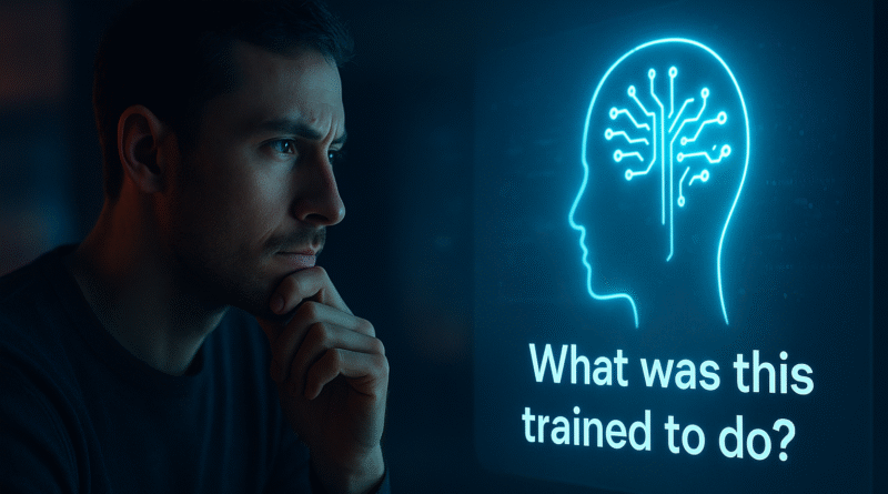 A thoughtful man staring at a glowing AI screen with the question “What was this trained to do?” highlighting the importance of critically trusting AI.