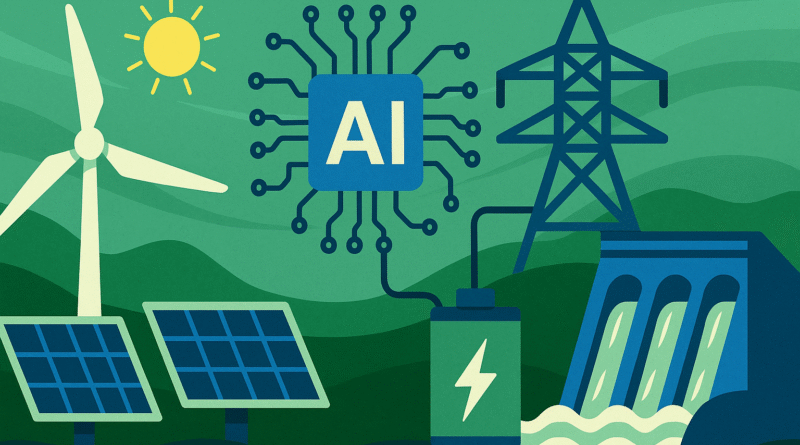 Illustration of AI in sustainable energy showing solar panels, wind turbine, hydropower plant, and an AI chip managing smart grid and energy storage systems.