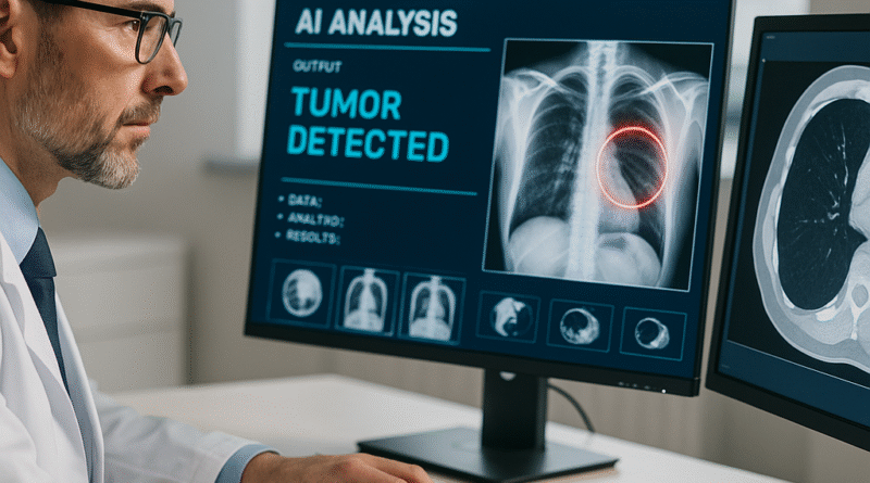 A European doctor reviews a lung scan with the help of an AI system highlighting a tumor, illustrating how AI fighting cancer improves early detection and diagnosis.