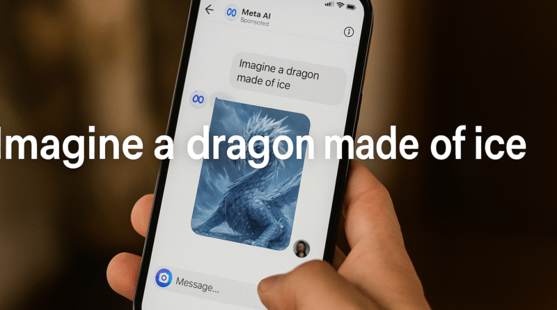 A person using the Meta AI app inside Instagram, viewing a chat that includes the prompt “Imagine a dragon made of ice” and an AI-generated image of an ice dragon.