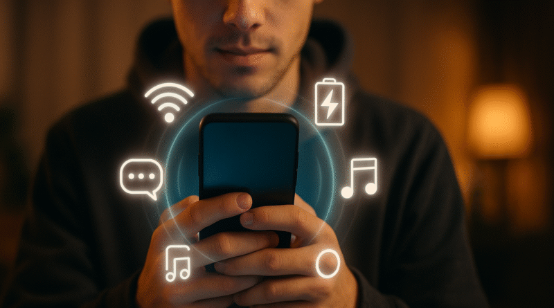 A young man holding a smartphone with glowing icons for Wi-Fi, battery, chat, and music, visualizing AutoDroid Automation Android in action.