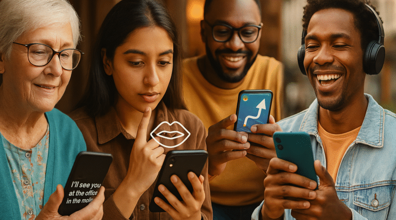 A diverse group of people using AI accessibility apps on their smartphones, captioning, lip-reading, and navigation features shown in real-world settings.
