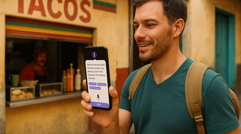 traveler using voice-review app after a meal