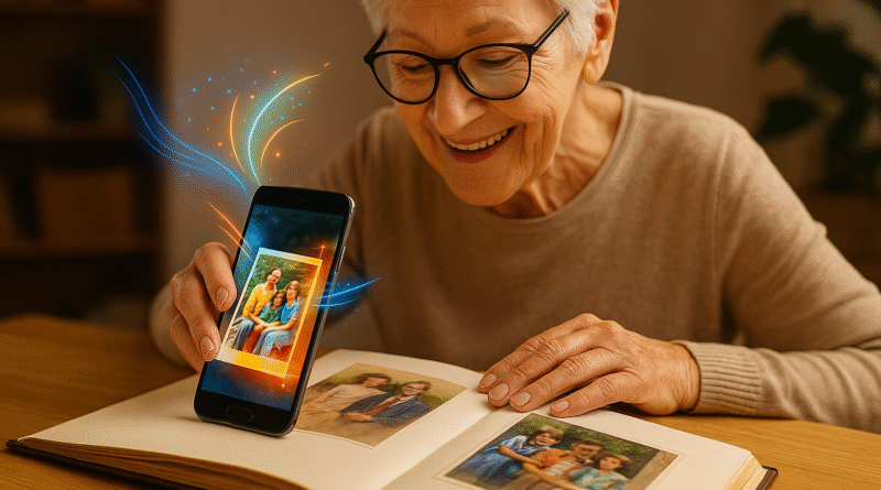 An elderly woman smiling while using the Photomyne App on her smartphone to scan a photo album, with colorful AI enhancements appearing on the screen.