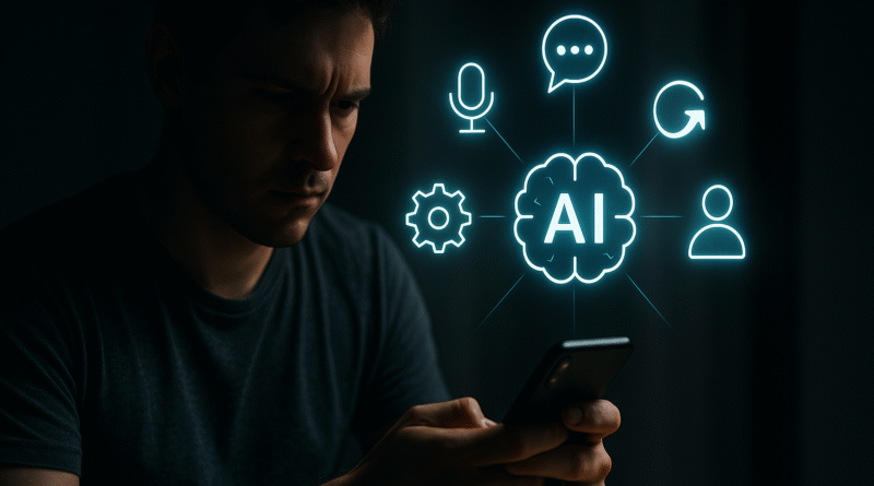 A man in a dark room staring at his smartphone, surrounded by glowing AI icons, symbolizing over-reliance on AI agents and the tension between control and autonomy.